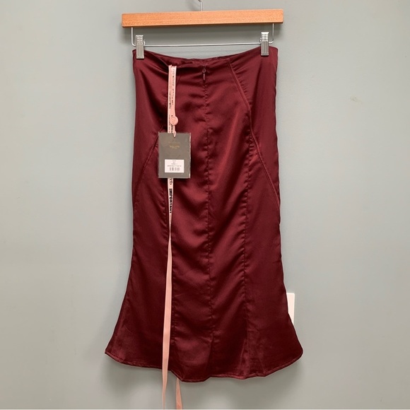 HOUSE OF CB Sidonie Lace-Up Satin Trumpet Midi Skirt wine color Small - Picture 10 of 10